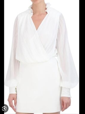 NWT BCBG New York White Plisse Pleat Ruffle-Collar Blouse sz S